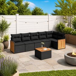 7 Piece Outdoor Garden Sofa Set with Cushions Black Poly Rattan Patio Furniture