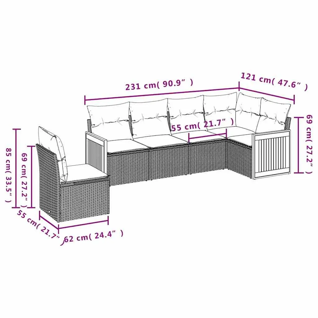 Garden Sofa Set 6 Piece Outdoor Furniture Black Poly Rattan Patio Seating