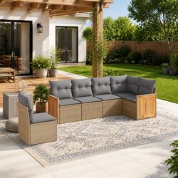 Outdoor Garden Sofa Set 6 Piece Beige Poly Rattan Furniture with Cushions Patio