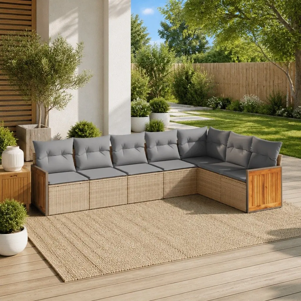 7 Piece Outdoor Garden Sofa Set Modular Beige Poly Rattan with Cushions