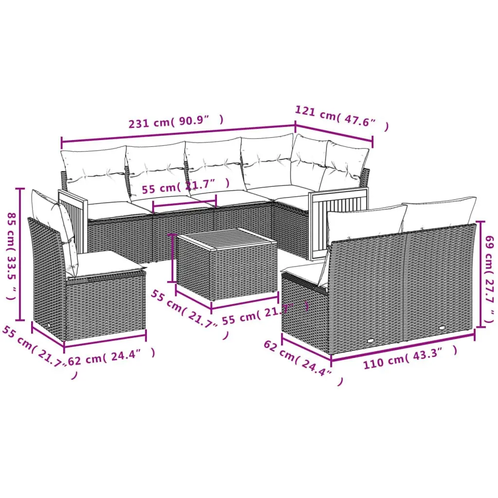 9 Piece Garden Sofa Set Outdoor Furniture Patio Lounge Beige Cushions Modular