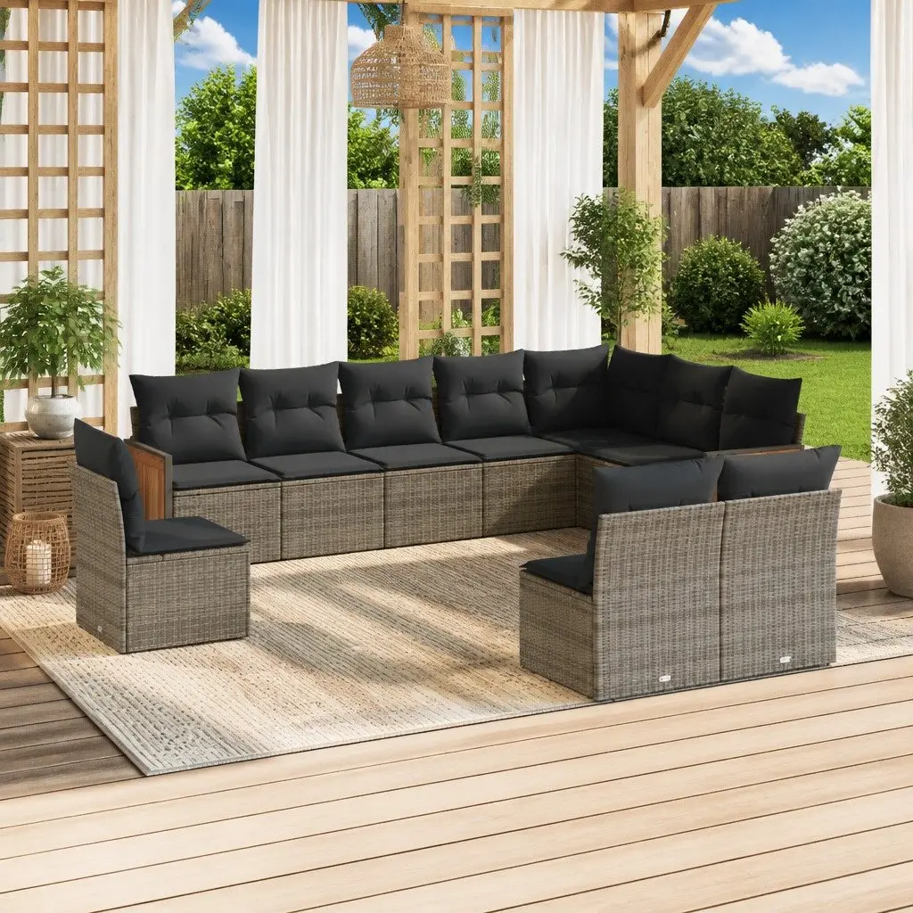 10 Piece Modular Outdoor Sofa Set Grey PE Rattan Furniture with Thick Cushions for Patio and Garden