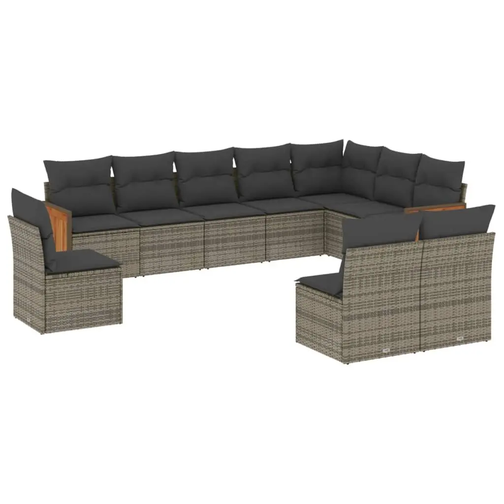 10 Piece Modular Outdoor Sofa Set Grey PE Rattan Furniture with Thick Cushions for Patio and Garden