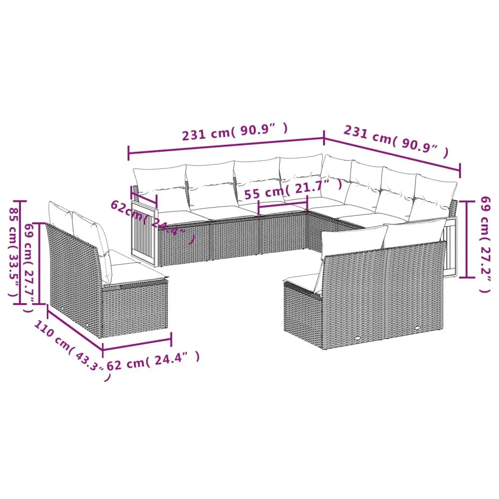Garden Sofa Set 11 Piece Outdoor Furniture Patio Beige with Cushions Modular
