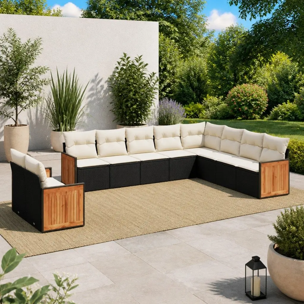 10 Piece Modular Outdoor Garden Sofa Set Black Poly Rattan with Cushions