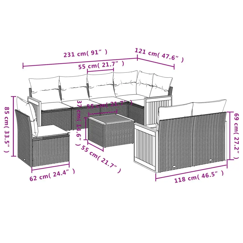 Garden Sofa Set 9 Piece Outdoor Furniture Patio Lounge with Cushions Grey