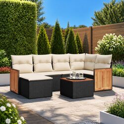 7 Piece Garden Sofa Set Outdoor Patio Furniture Cushions Black Poly Rattan
