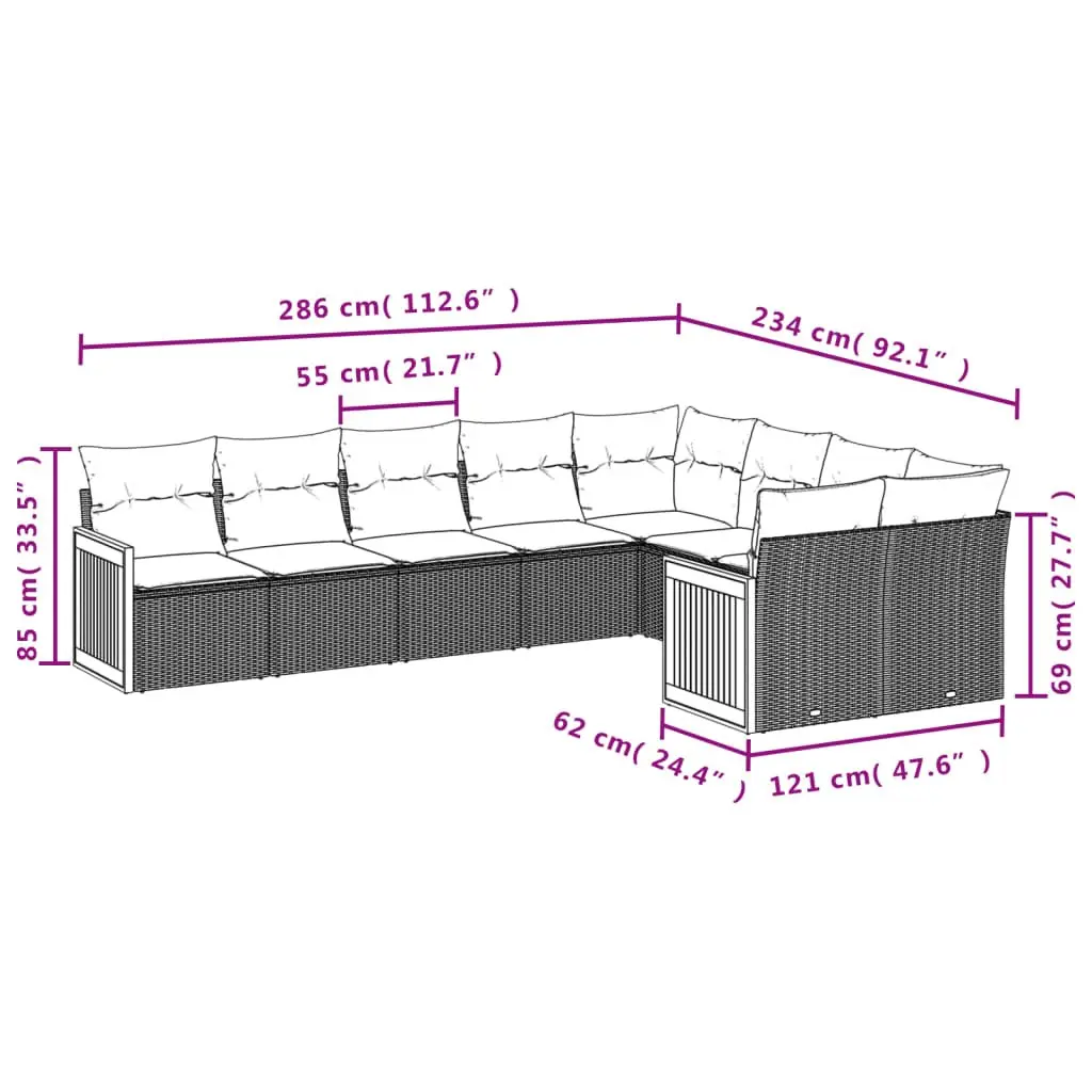 Outdoor Garden Sofa Set 9 Piece Modular Patio Furniture with Cushions Beige