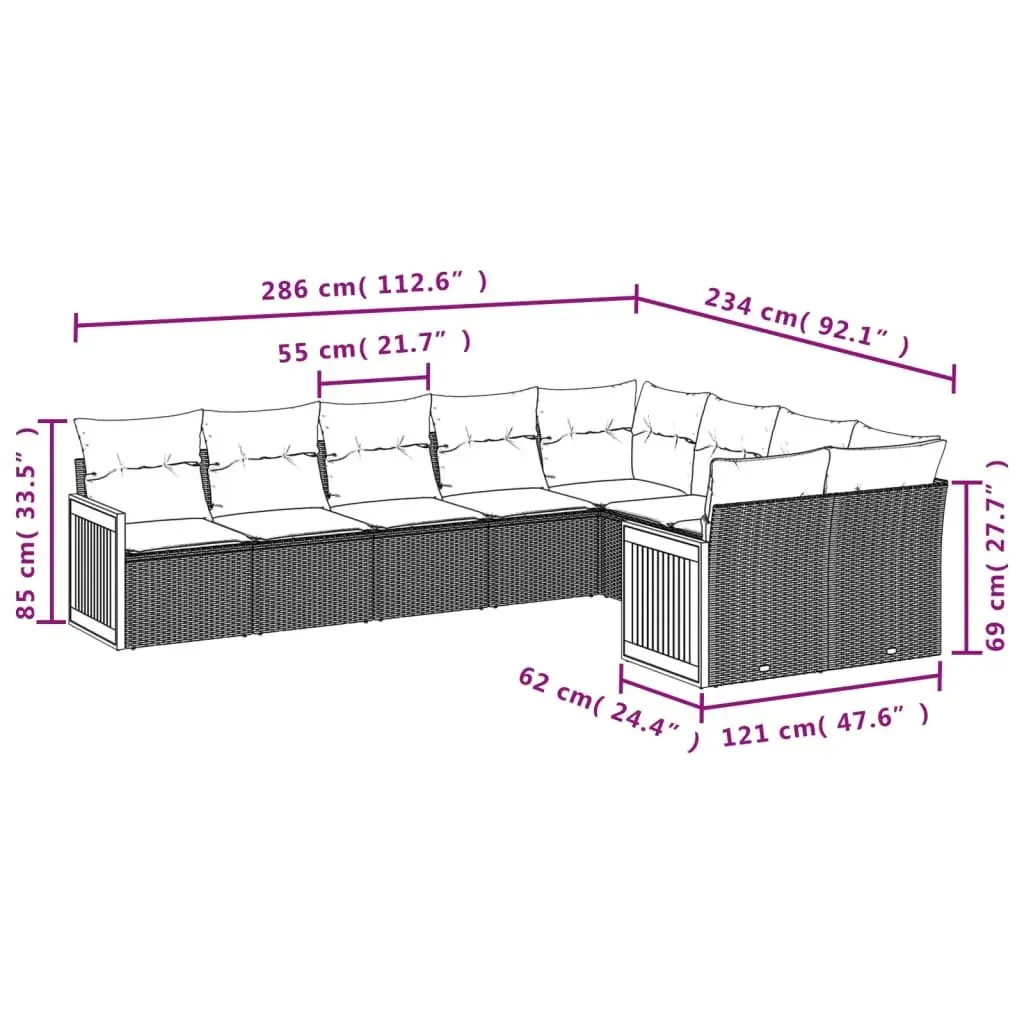 Garden Sofa Set 9 Piece Outdoor Furniture Patio Lounge Seating Grey Cushions