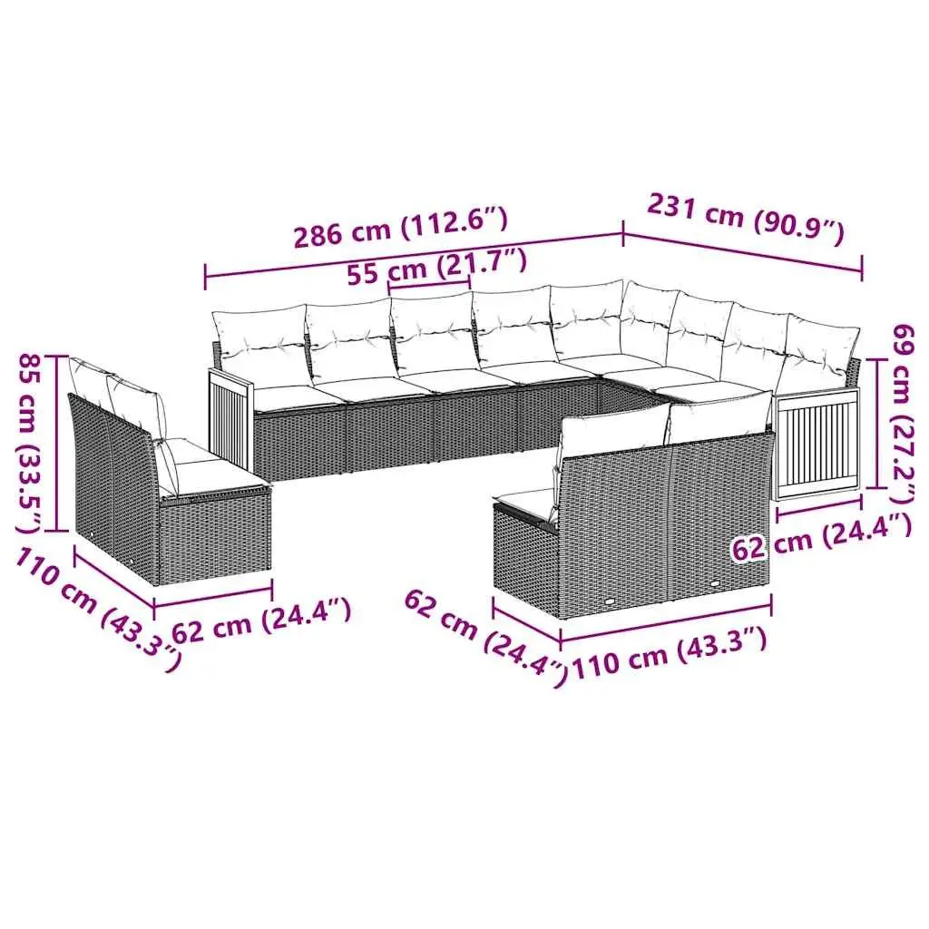 Garden Sofa Set 12 Piece Outdoor Furniture Patio Black Poly Rattan Modular