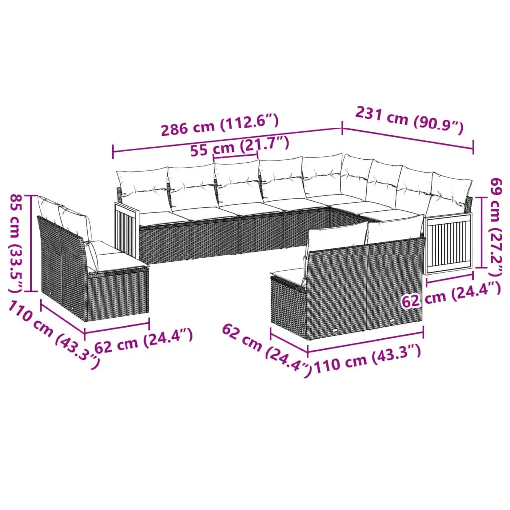 Garden Sofa Set 12 Piece Outdoor Furniture Grey Modular Patio Seating with