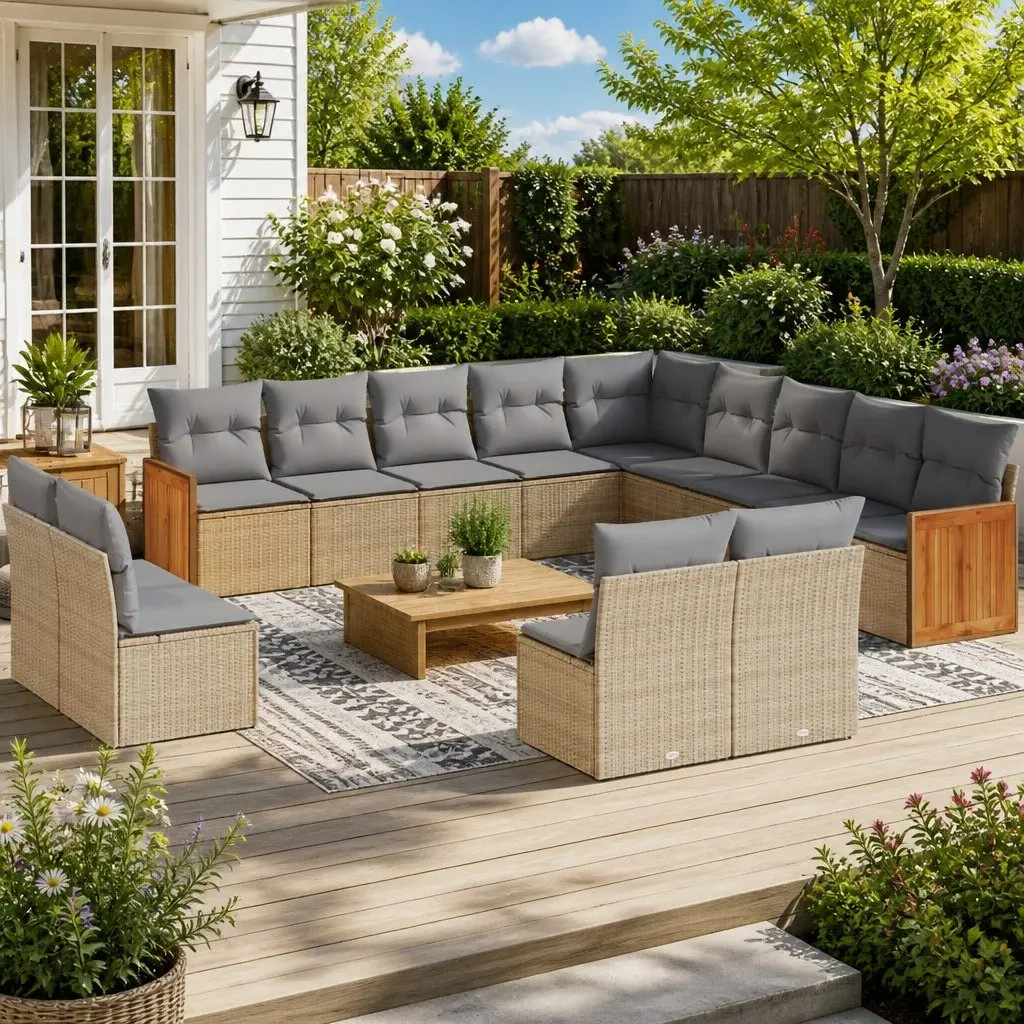 Modular Outdoor Furniture Set 13 Piece Garden Sofa with Beige Cushions and Durable PE Rattan Construction