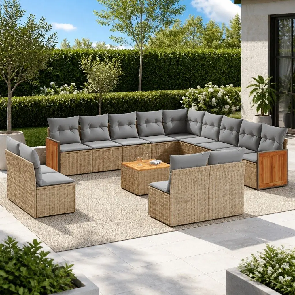 Garden Sofa Set 14 Piece Outdoor Patio Furniture Beige Poly Rattan with Cushions