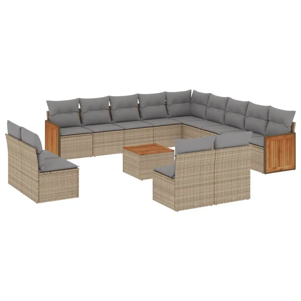 Garden Sofa Set 14 Piece Outdoor Patio Furniture Beige Poly Rattan with Cushions