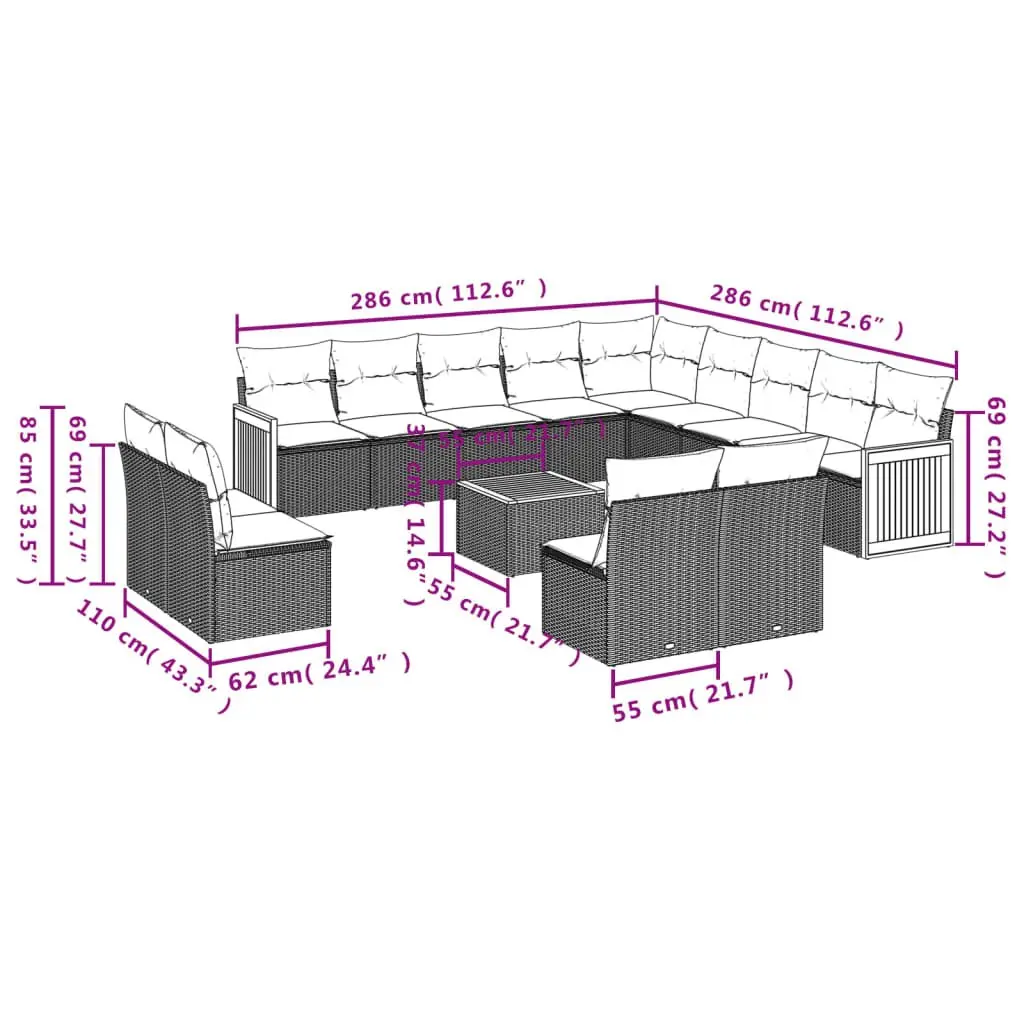 Garden Sofa Set 14 Piece Outdoor Patio Furniture Beige Poly Rattan with Cushions
