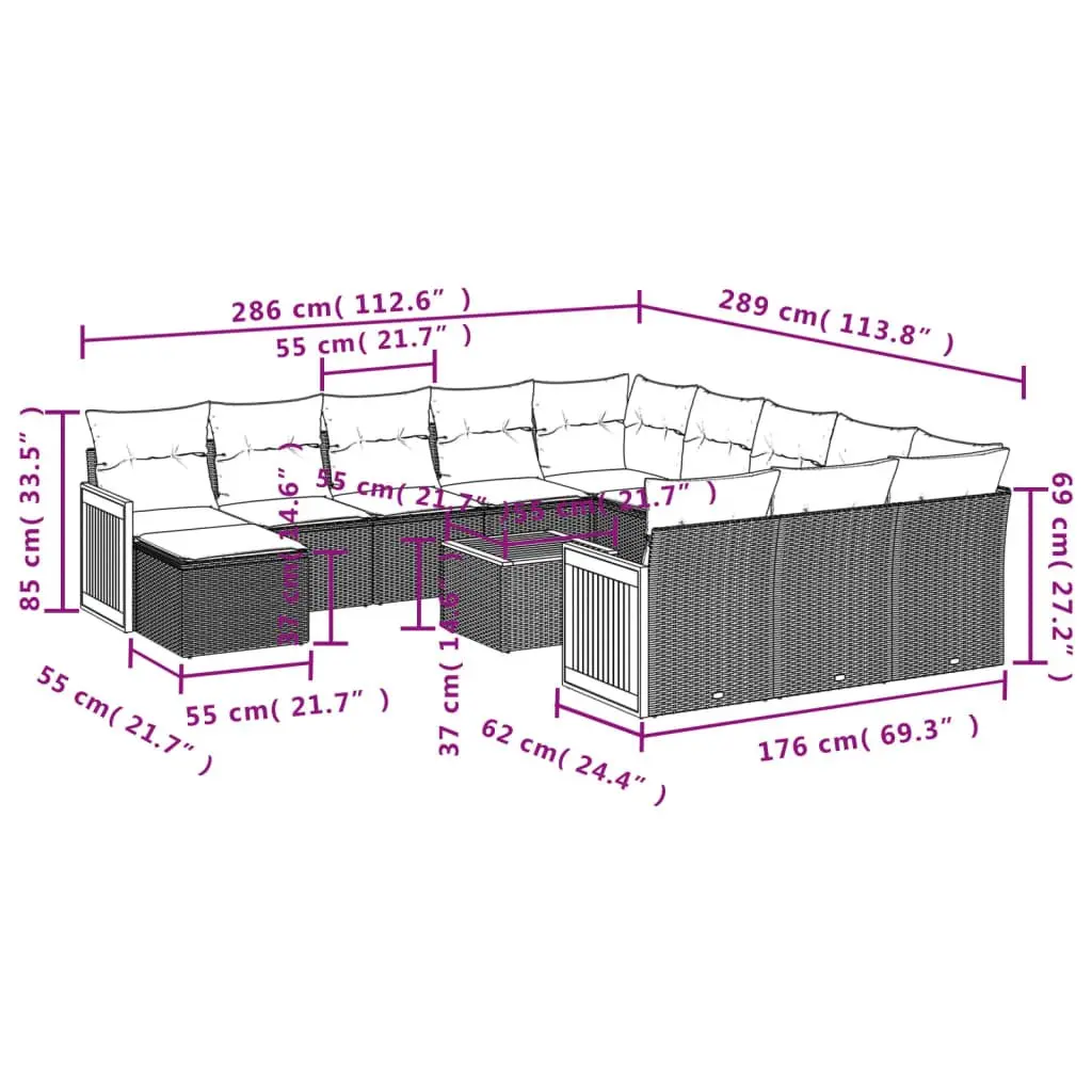 13 Piece Modular Outdoor Sofa Set Grey Poly Rattan with Cushions for Patio Garden Furniture