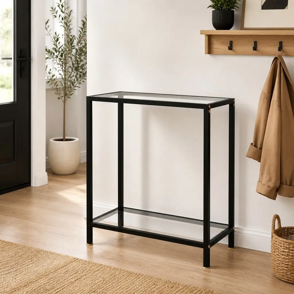 Tempered Glass Console Table with Shelf Storage 60cm x 35cm x 75cm