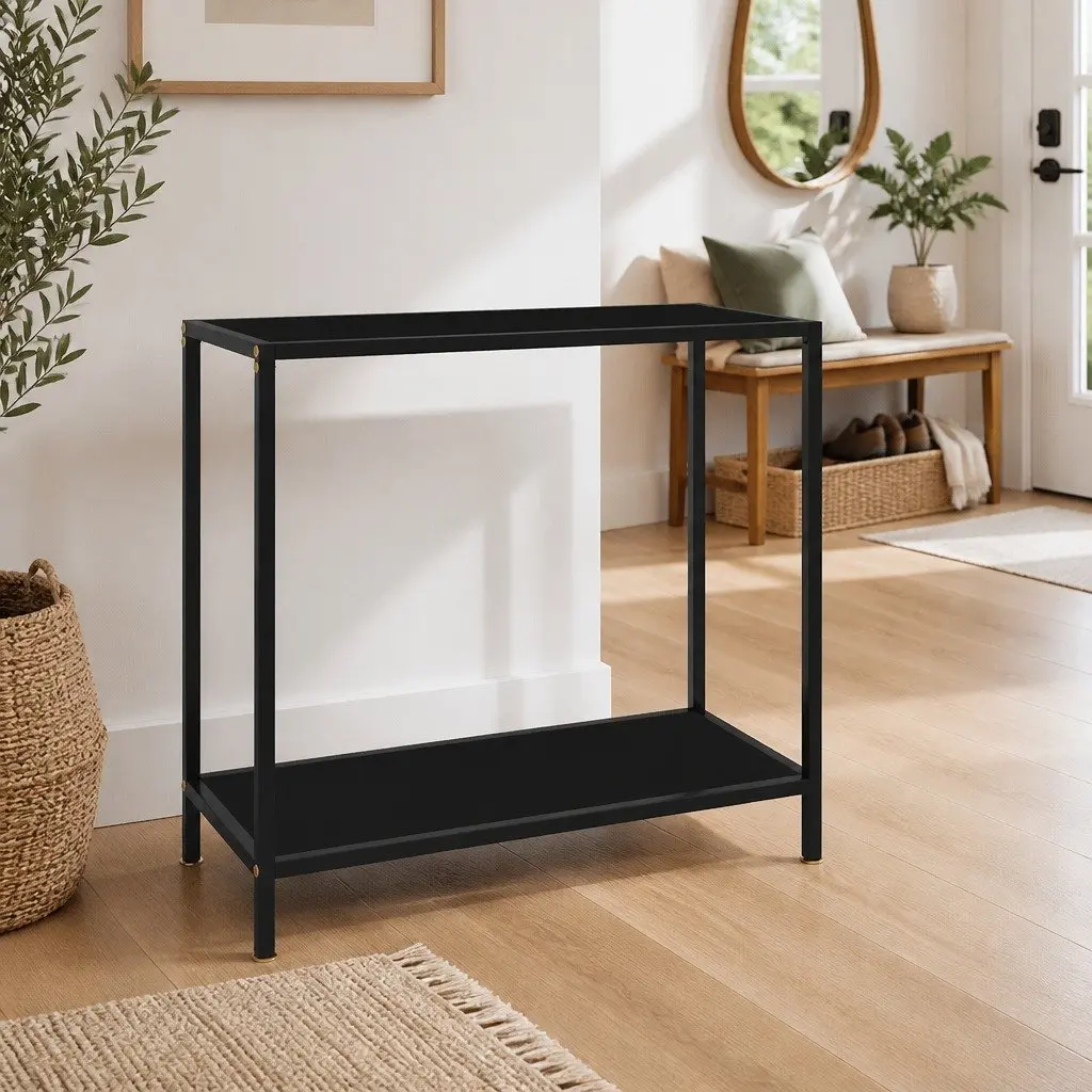 Console Table Black Glass Top Side End Table Storage Shelf Living Room Accent