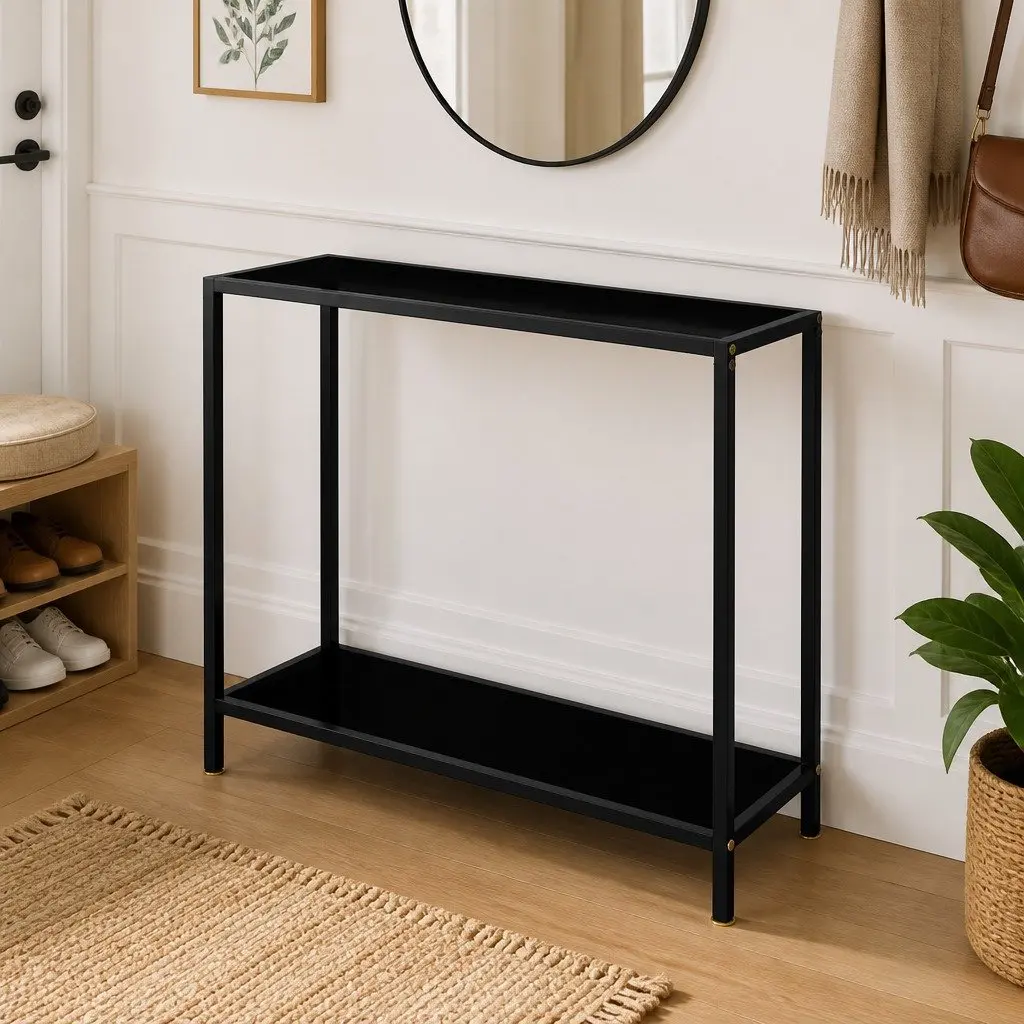 Console Table Black Tempered Glass Top Powder-Coated Steel Frame 100 cm