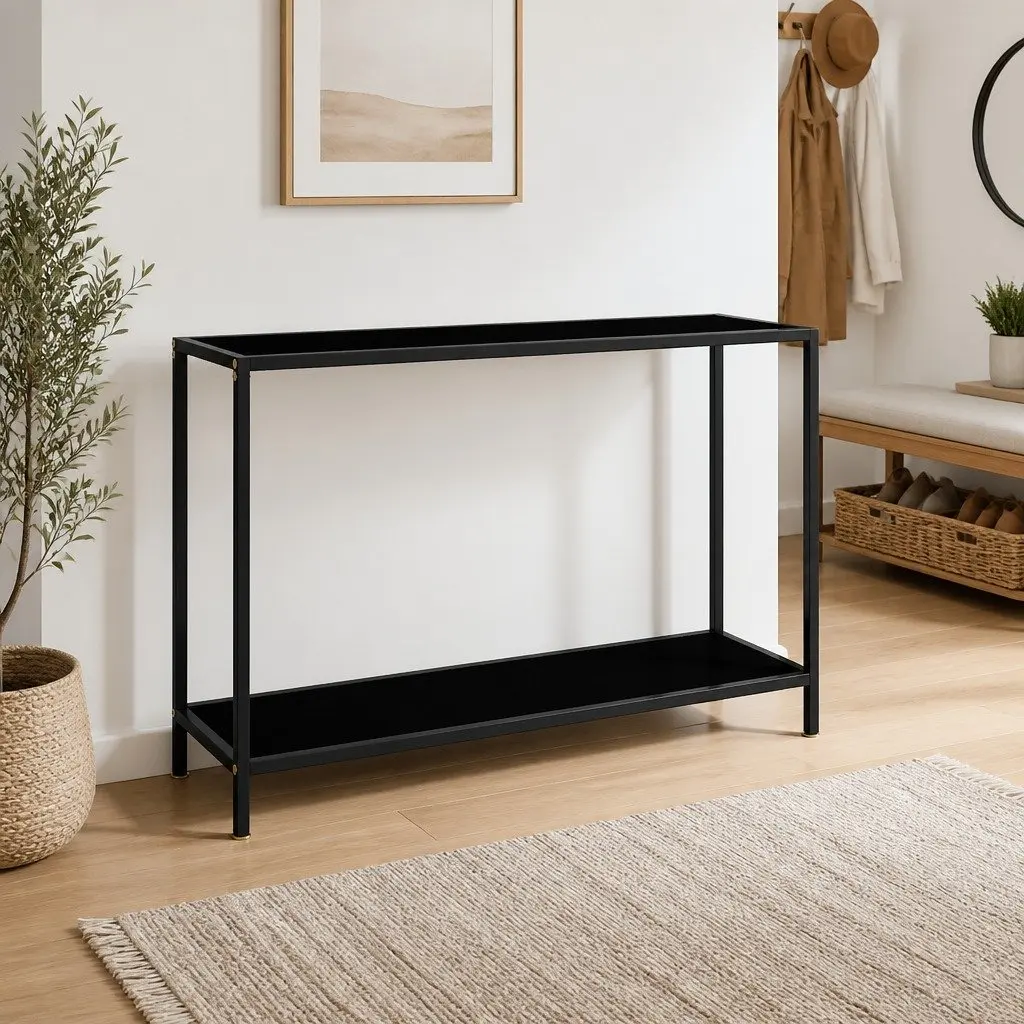 Black Console Table Tempered Glass Surface Steel Frame 120x35x75cm