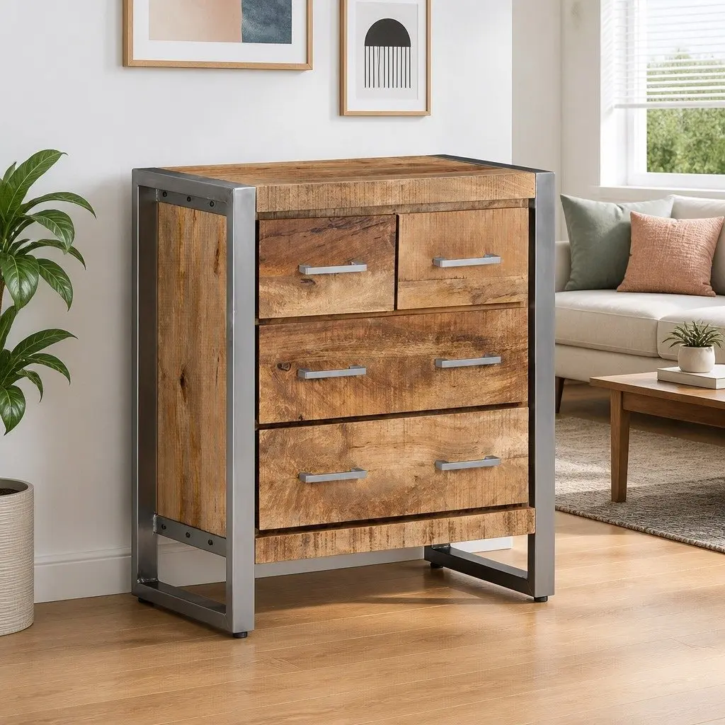 Sideboard Industrial Style Rough Mango Wood 60x35x70 cm Storage Cabinet Four Drawers