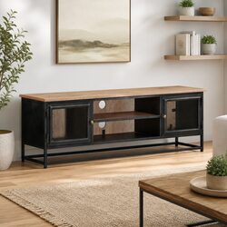 Discover a Grey TV Cabinet: Solid Acacia Wood and Steel Legs
