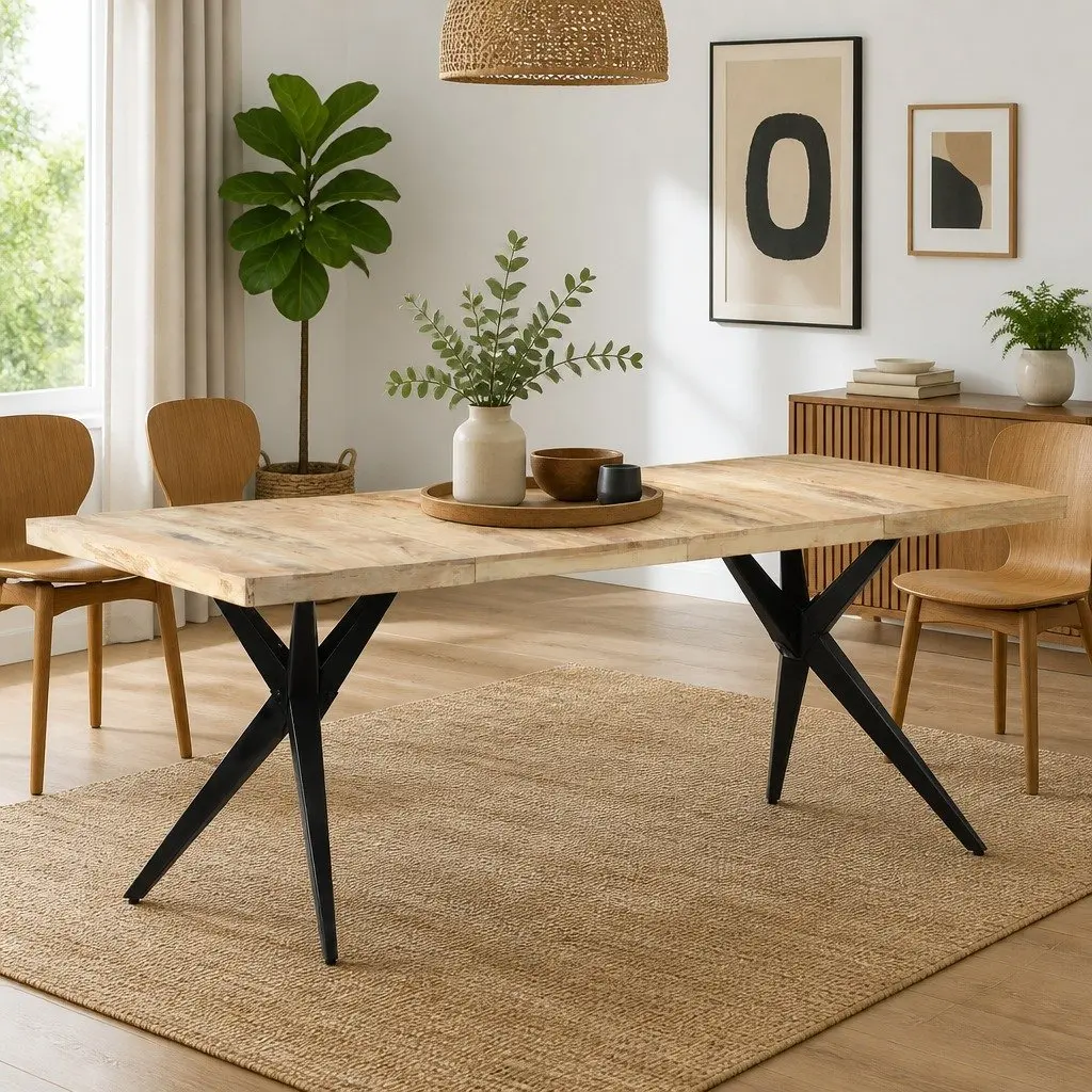 Dining Table Steel Frame Rough Mango Wood 200x90x76cm Durable Kitchen Furniture