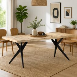 Dining Table 200x90x76 cm Rough Mango Wood Kitchen Furniture with Steel Legs