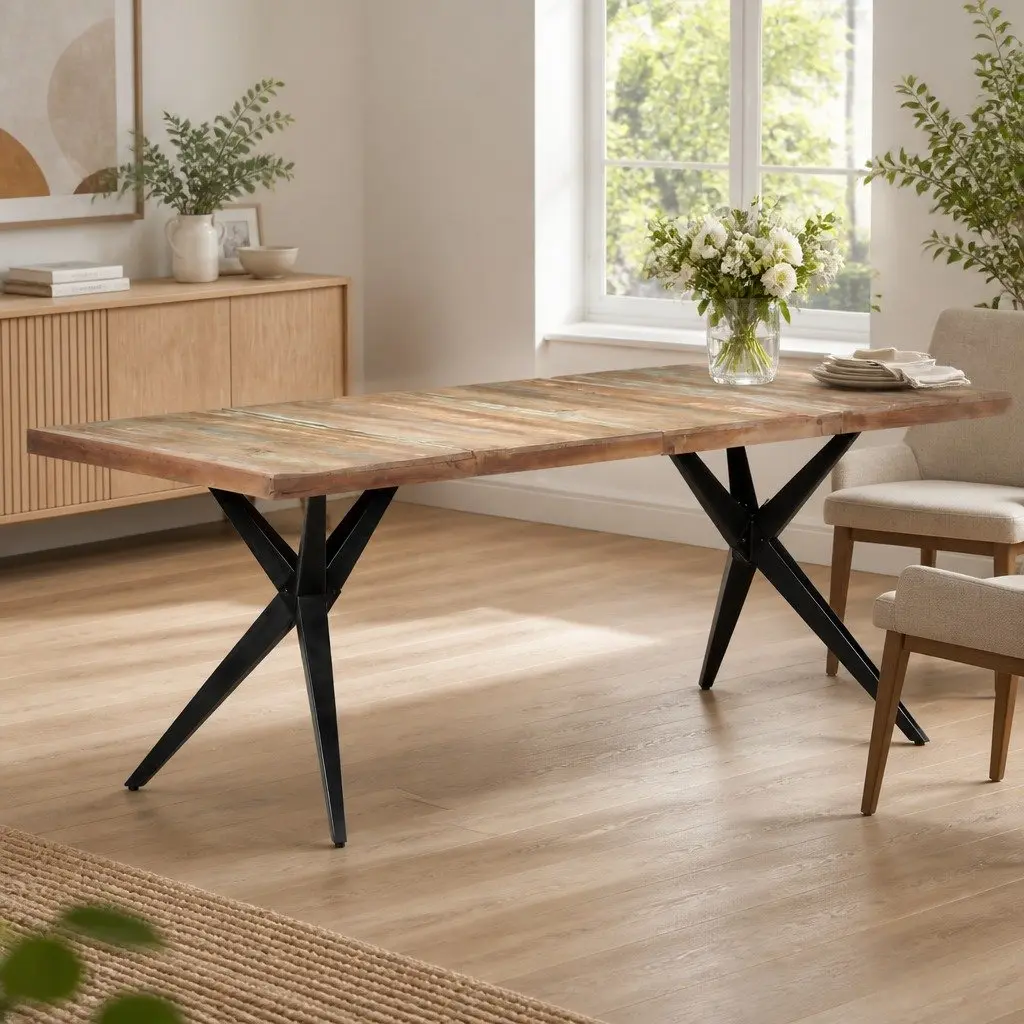 Reclaimed Wood Dining Table Sturdy Powder-Coated Steel Legs 200x90x76cm White