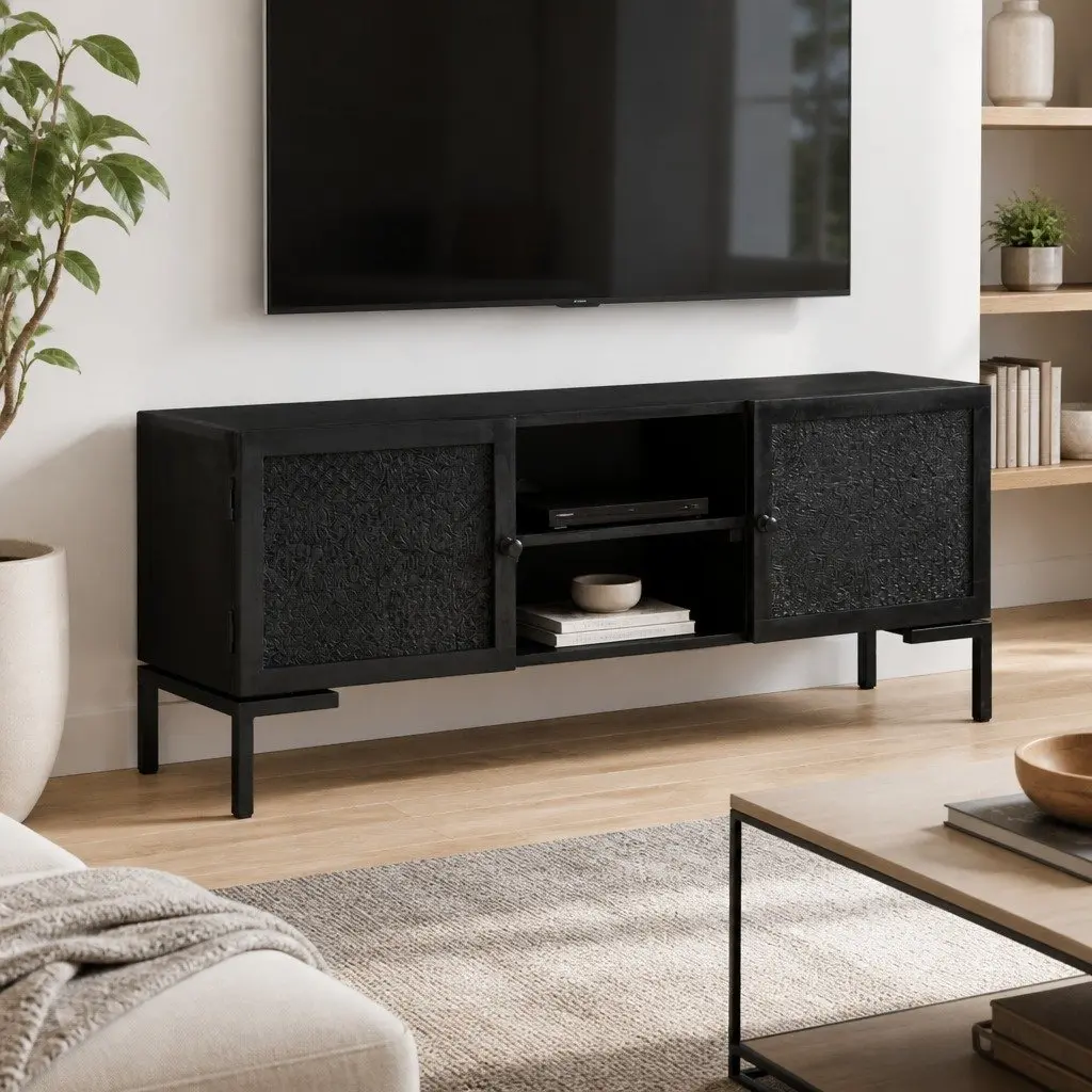 TV Cabinet Black Solid Wood 115 x 30 x 46 cm Media Unit Storage Shelves Doors