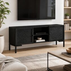 TV Cabinet Black Solid Wood Media Unit Storage Shelves Doors Living Room