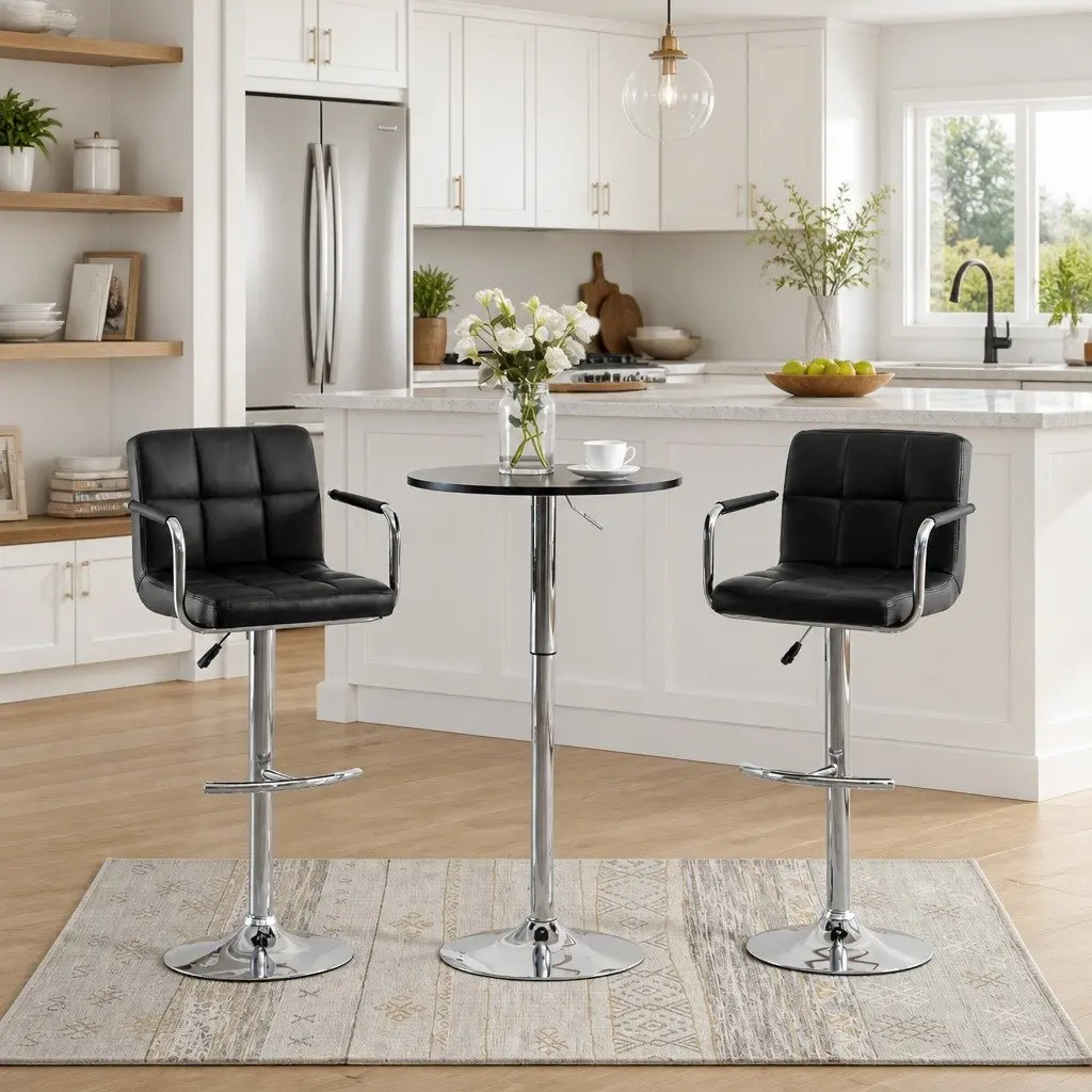 Bar Stools Set 2 pcs Black Faux Leather Adjustable Height Gas Lift Kitchen
