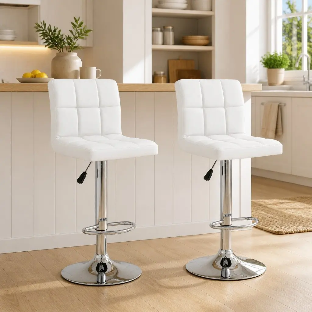 Bar Stools White Faux Leather Adjustable Height Gas Lift Chromed Steel 2 Piece