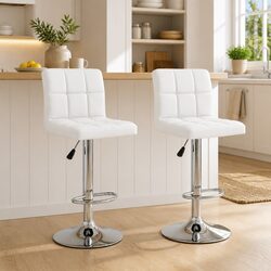 Bar Stools 2 pcs White Faux Leather Adjustable Height Gas Lift Chromed Steel