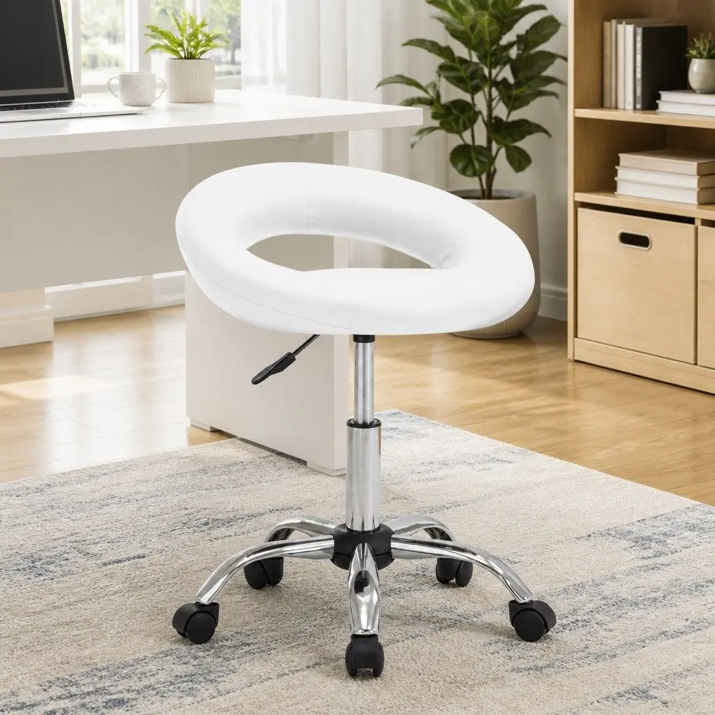Office Chair White Faux Leather Curved Padded Backrest Swivel Adjustable Height