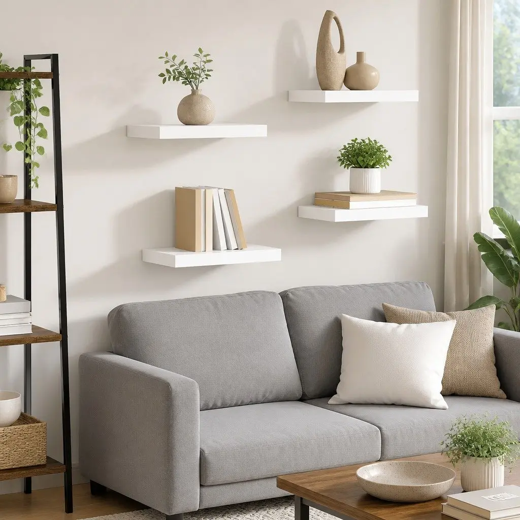 Floating Wall Shelves Set 4 Piece White Display Storage Ledges