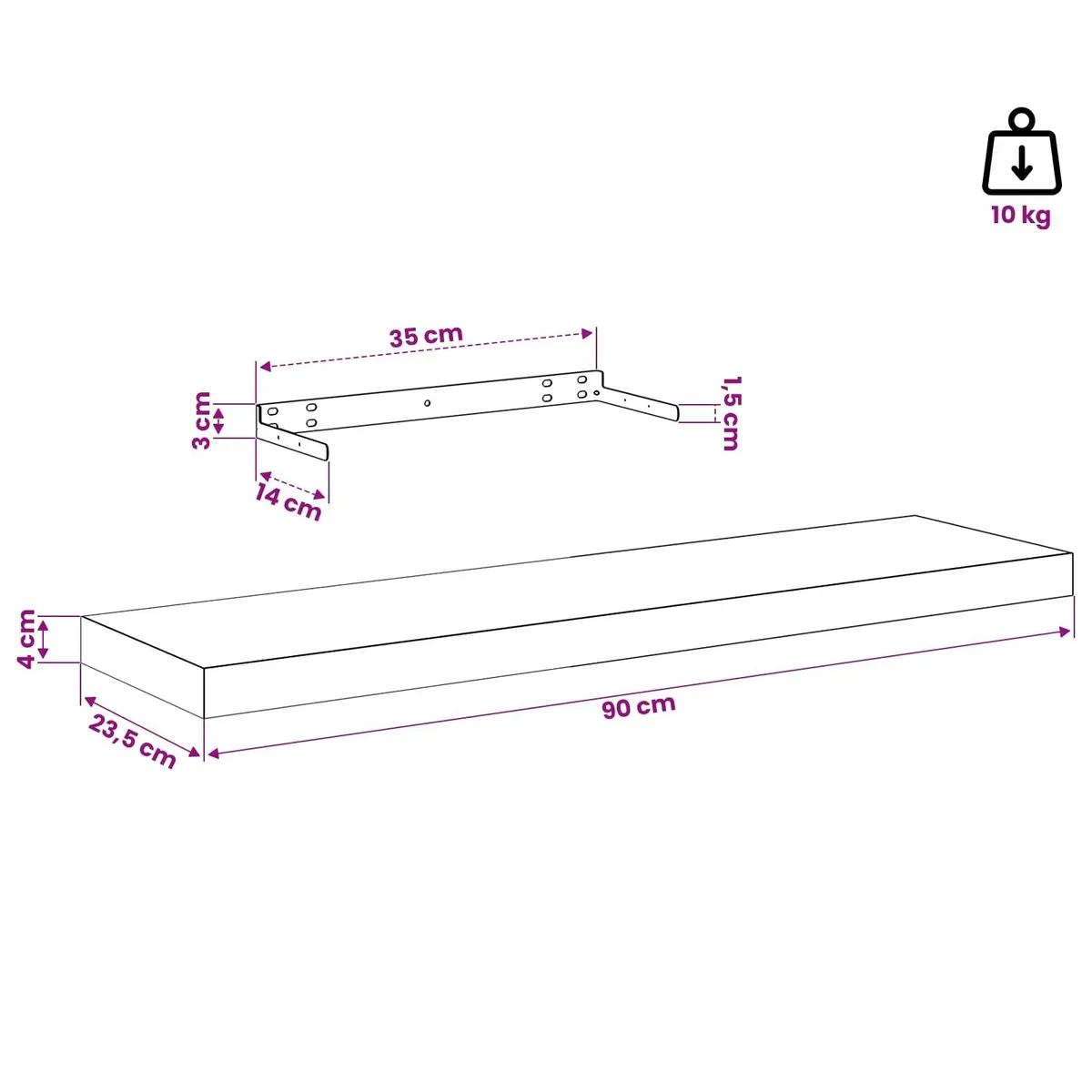 Floating Wall Shelf White Display Ledge 90 x 23.5 x 3.8 cm