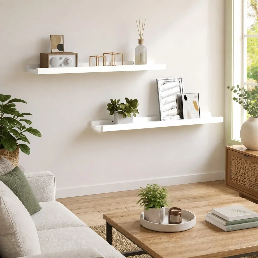 Wall Picture Frame Ledge Shelves White Floating Display Organizer 60 x 9 x 3 cm 2 Piece