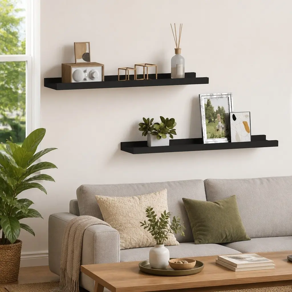 Picture Frame Ledge Shelves Wall Mounted Black 60x9x3cm 2 Piece MDF