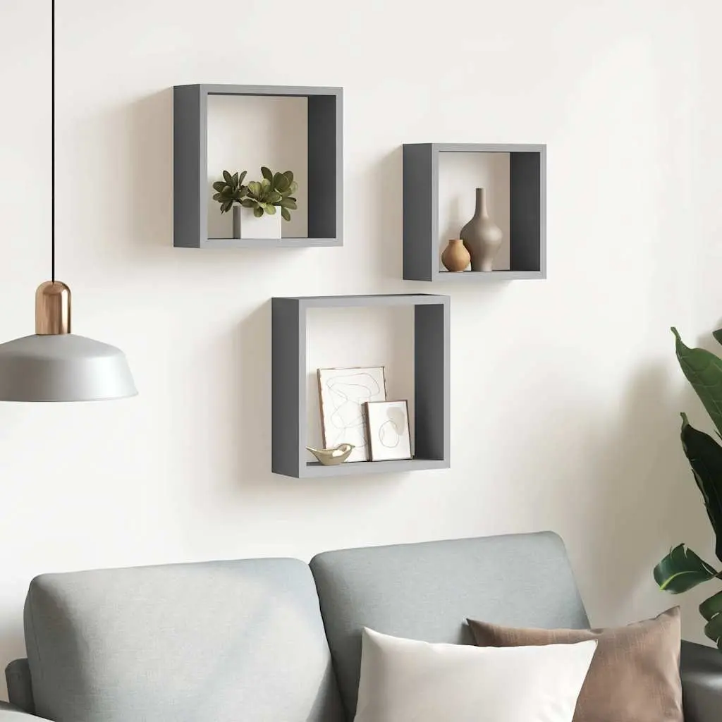 Floating Corner Unit Grey Cube Shelves 3 Piece Storage Display Organiser