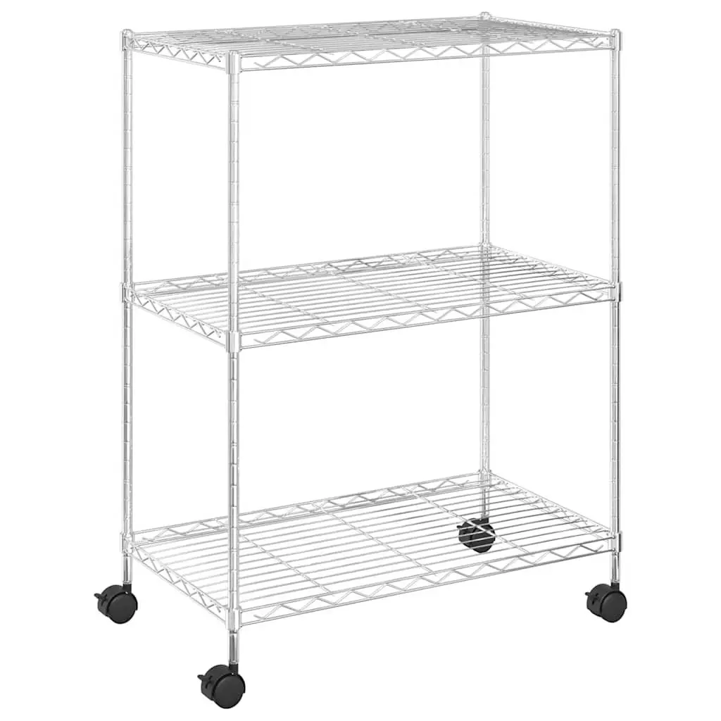 3 Tier Chrome Wire Storage Rack with Wheels 60x35x81cm