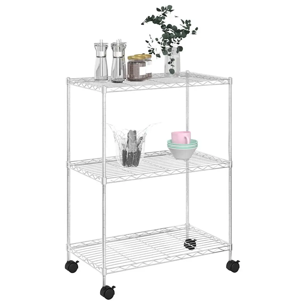 3 Tier Chrome Wire Storage Rack with Wheels 60x35x81cm