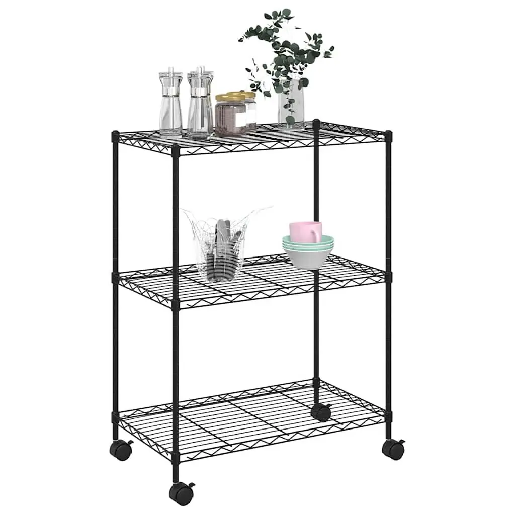 3-Tier Industrial Storage Rack with Wheels Black 60x35x81cm