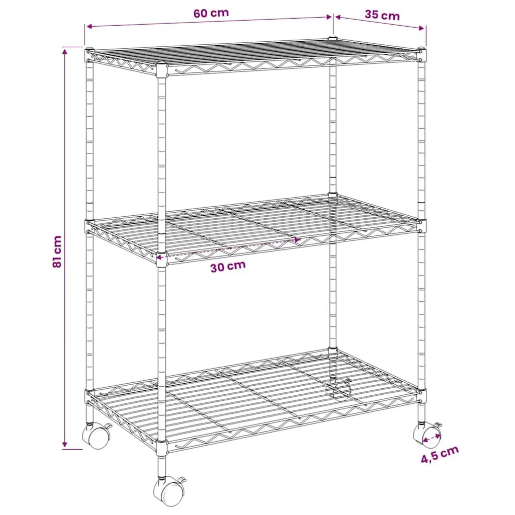 3-Tier Industrial Storage Rack with Wheels Black 60x35x81cm