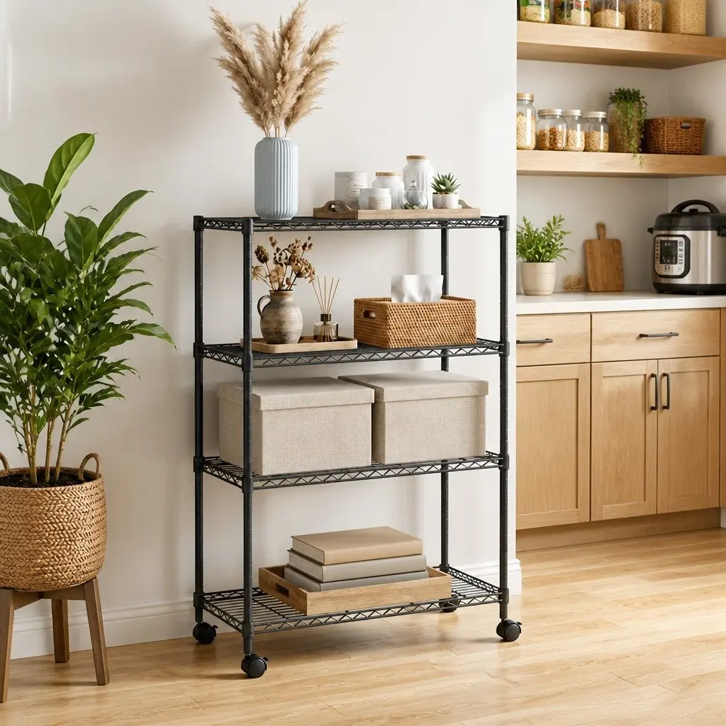 4-Tier Industrial Storage Shelf with Wheels Heavy Duty 90 x 35 x 142 cm
