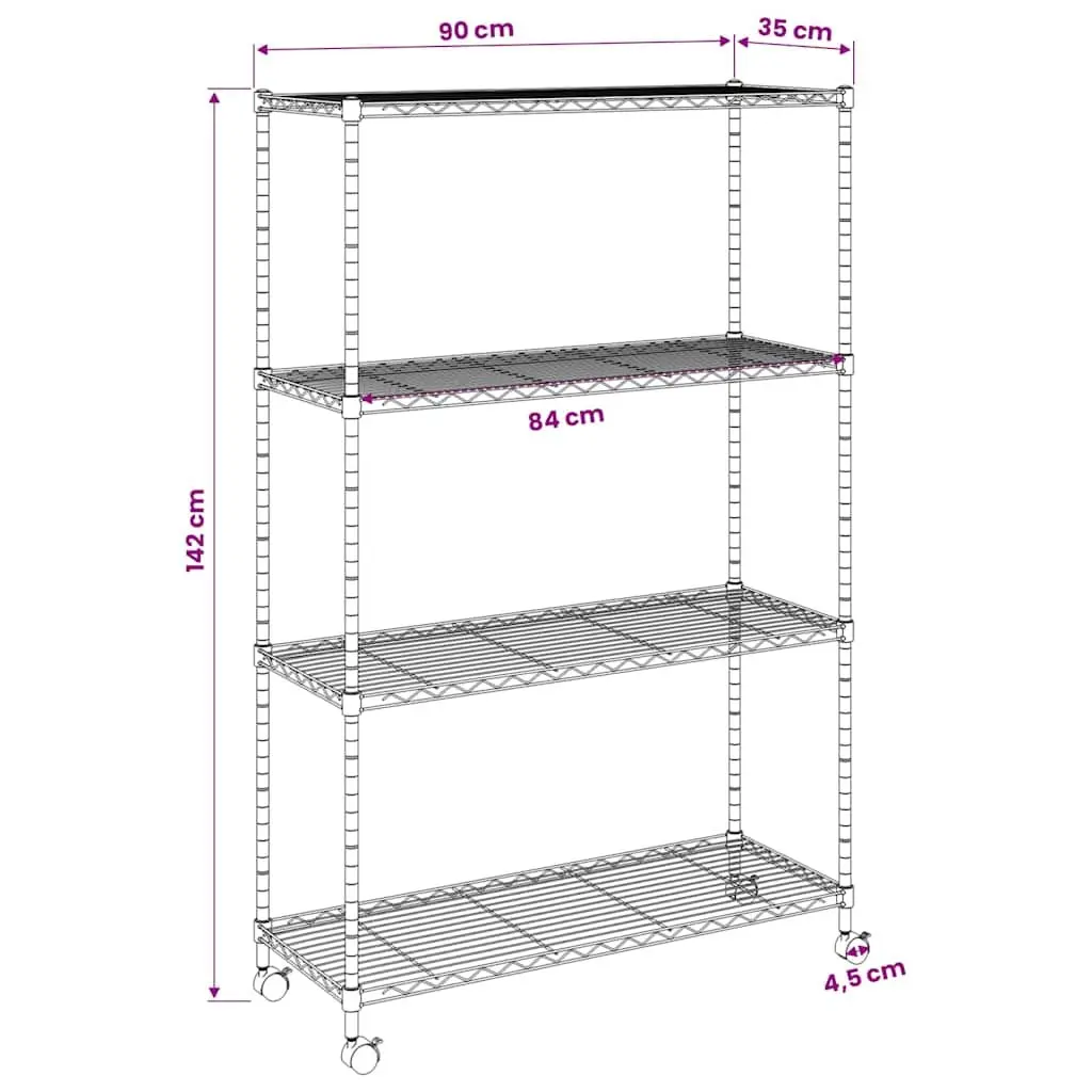 4-Tier Industrial Storage Shelf with Wheels Heavy Duty 90 x 35 x 142 cm