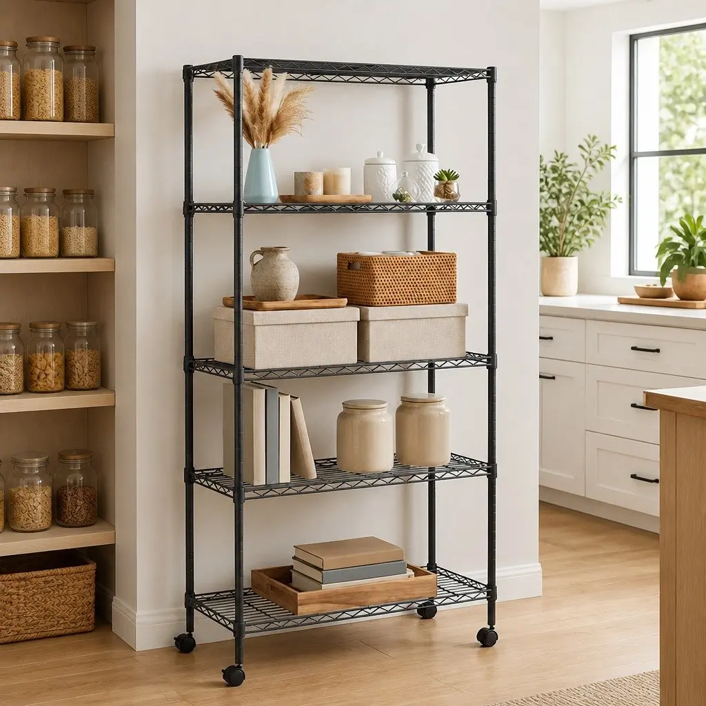 Industrial 5-Tier Storage Shelf Black 75x35x155cm with Wheels