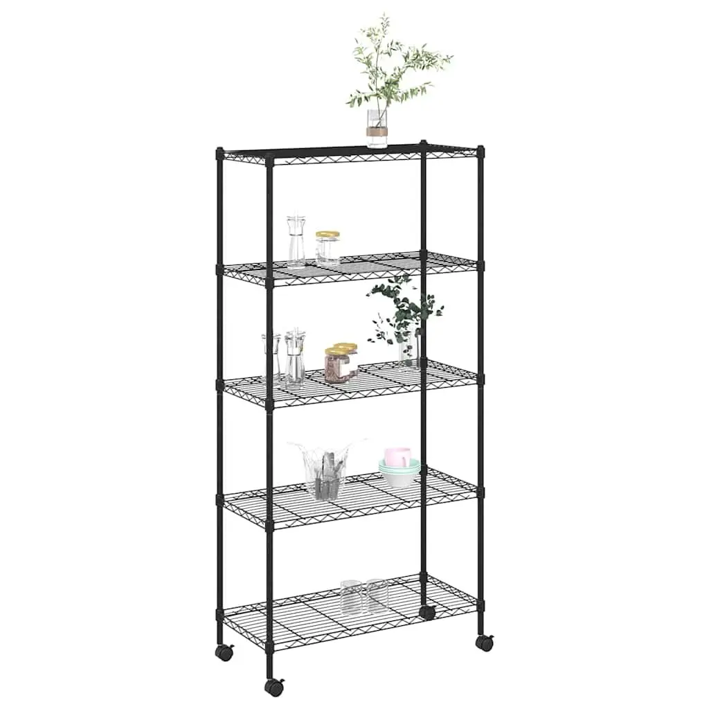 Industrial 5-Tier Storage Shelf Black 75x35x155cm with Wheels