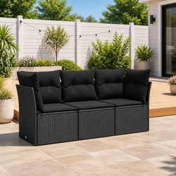 3 Piece Outdoor Garden Sofa Set with Storage Cushions Black Poly Rattan Patio