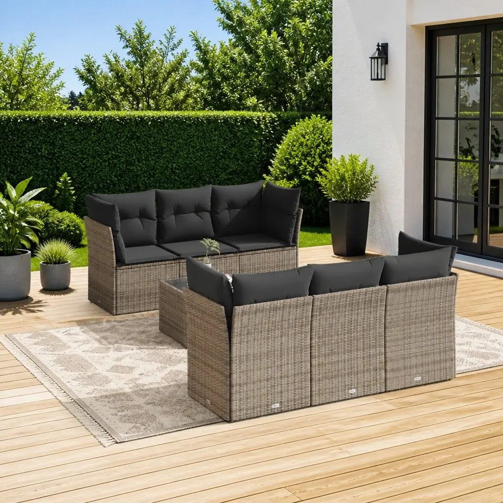 7 Piece Garden Sofa Set Grey Rattan Outdoor Furniture with Cushions